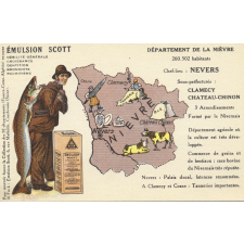 Émulsion Scott - Débilité générale, croissance, dentition, bronchite, rachitisme - Département de la Nièvre - 260.502 habitants - Chef-Lieu : Nevers - Sous-préfectures : Clamecy, Château-Chinon.