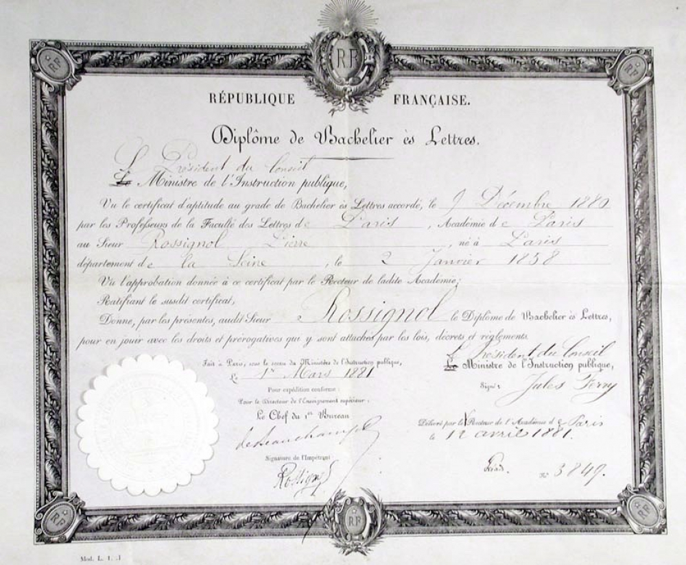République Française - Diplôme de Bachelier ès Lettres.