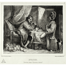 Alphabet moral et philosophique à l'usage des petits et des grands enfans. A. Avare. Pauvre Jean ! Pauvre chien !.
