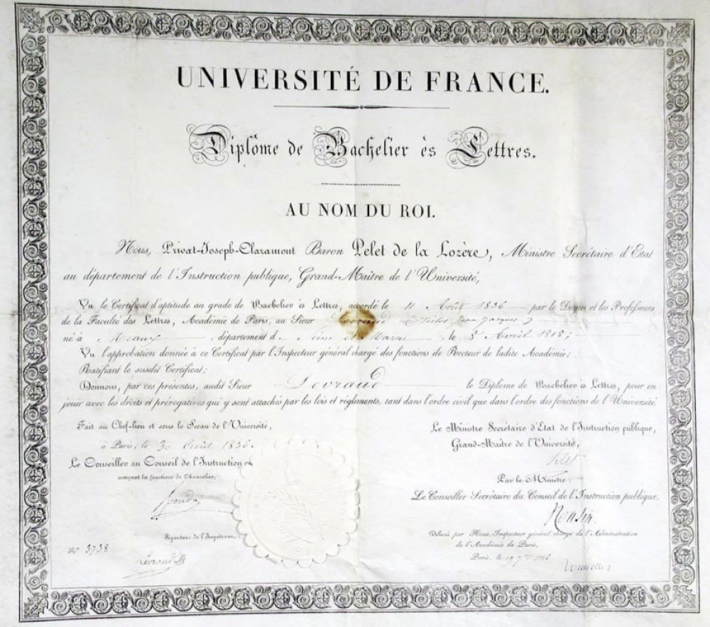 Université de France - Diplôme de Bachelier ès Lettres. Au nom du Roi.