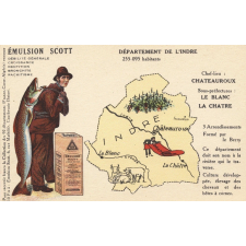 Émulsion Scott - Débilité générale, croissance, dentition, bronchite, rachitisme - Département de l'Indre - 255.095 habitants - Chef-Lieu : Chateauroux - Sous-préfectures : St-Malo, Fougères, Redon.