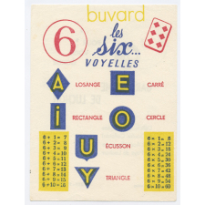 Buvard publicitaire. Sauba. Six. Les six voyelles.