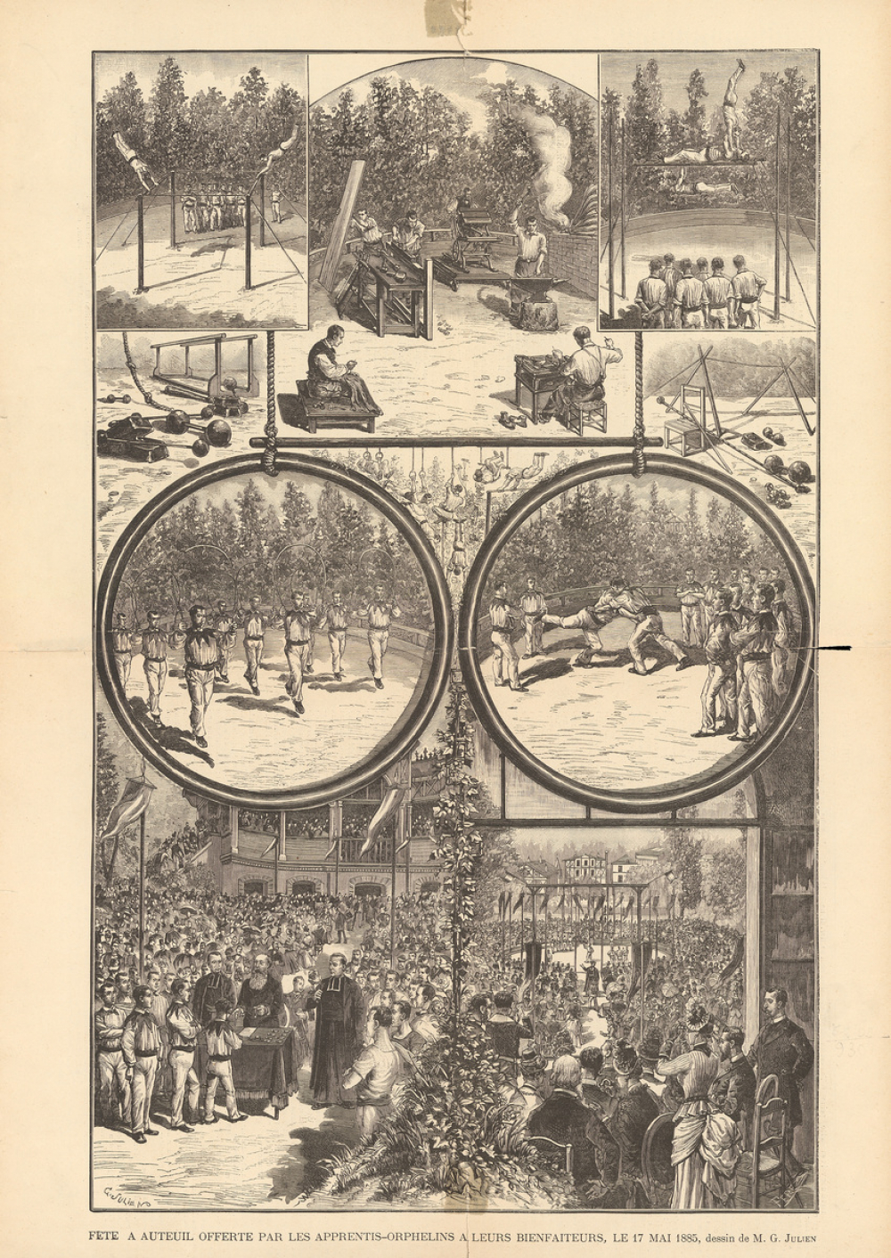 Fête à Auteuil offerte par les apprentis-orphelins à leurs bienfaiteurs, le 17 mai 1885.