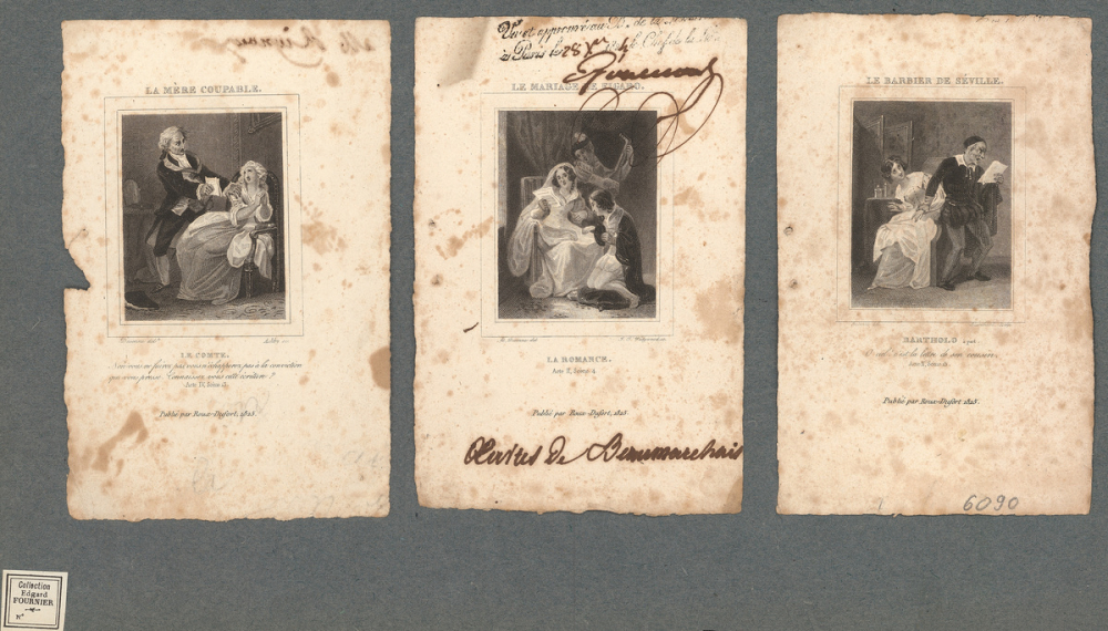 Oeuvres de Beaumarchais. La mère coupable. Le mariage de Figaro. Le Barbier de Séville. Illustrations.