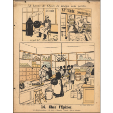 Tableaux muraux. 34 Leçons de Choses en Images sans paroles. 13- Le repas en famille. 14- Chez l'Épicier.