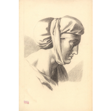 Tête de profil portant bonnet noué sous le menton. 