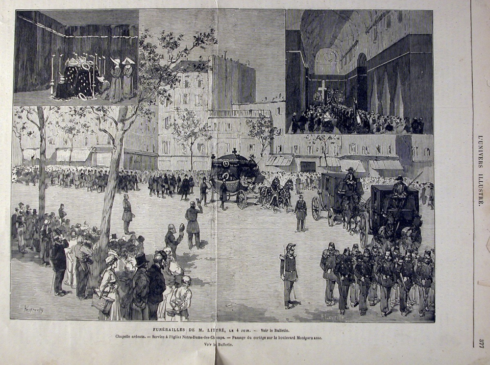 Funérailles de M. Littré, le 4 juin. Chapelle ardente. Service à l'église Notre-Dame-des-Champs. Passage du cortège sur le boulevard Montparnasse.