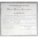 Université de France - Diplôme de Bachelier ès Sciences Physiques. Au nom du Roi.
