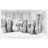 Vue intérieure de la grande sale de l'universite de Perpignan avec le Recteur et les Doyens des quatre Facultés en Habit de Cérémonie. 