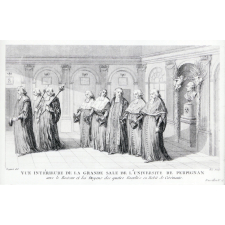 Vue intérieure de la grande sale de l'universite de Perpignan avec le Recteur et les Doyens des quatre Facultés en Habit de Cérémonie.