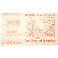 Buvard publicitaire. Le lièvre et la tortue au XXe siècle. Germalyne.
