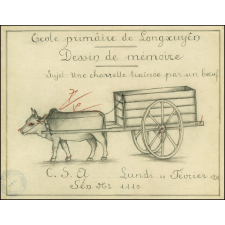 Cochinchine/Dessin de mémoire : une charrette traînée par un bœuf.