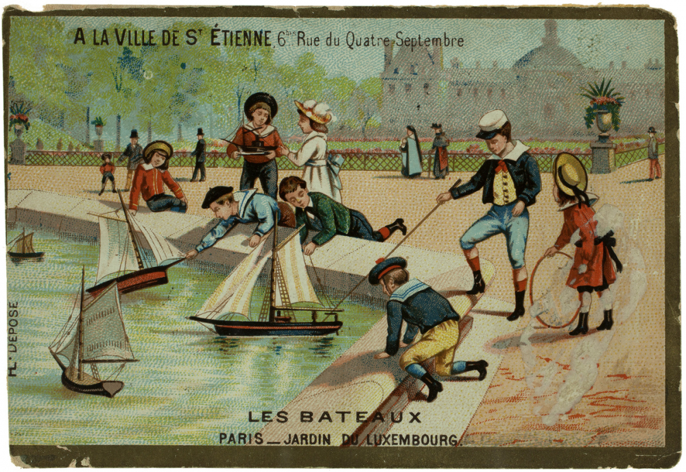 Carte réclame. A la ville de St Etienne. Les bateaux. Paris. Jardin du Luxembourg.