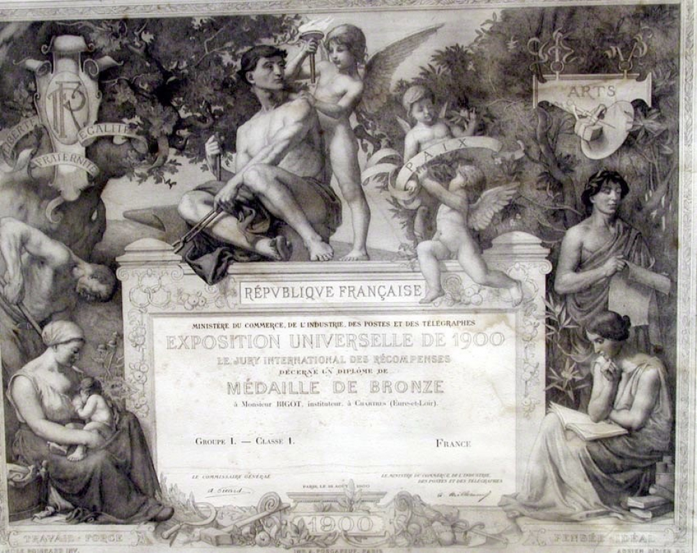 Exposition Universelle de 1900. République Française. Ministère du Commerce, de l'Industrie, des Postes et des Télégraphes. Le jury international des récompenses décerne un diplôme de médaille de bronze.
