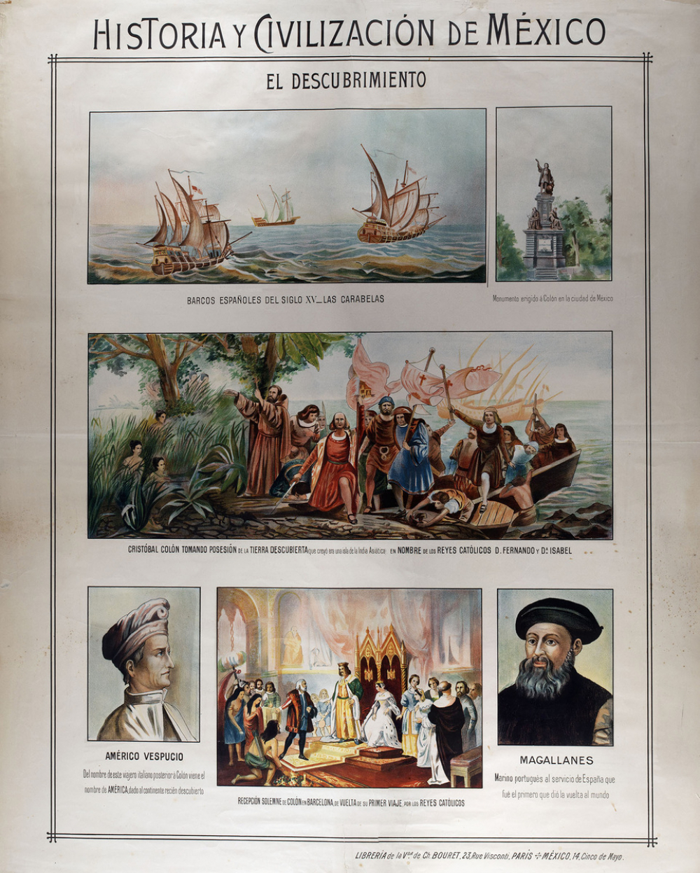 Tableau mural. Historia y civilizacion de Mexico. El Descubrimiento.