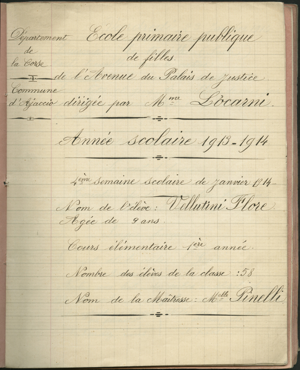 Cahier journalier / Ecole primaire publique de filles de l'Avenue du Palais de Justice - Ajaccio.