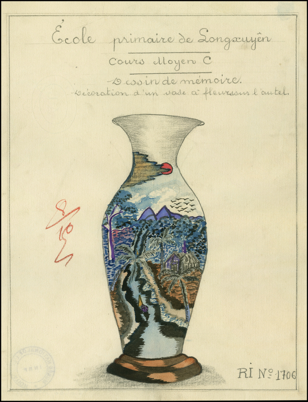 Cochinchine/Dessin de mémoire : décoration d'un vase à fleurs sur l'autel.