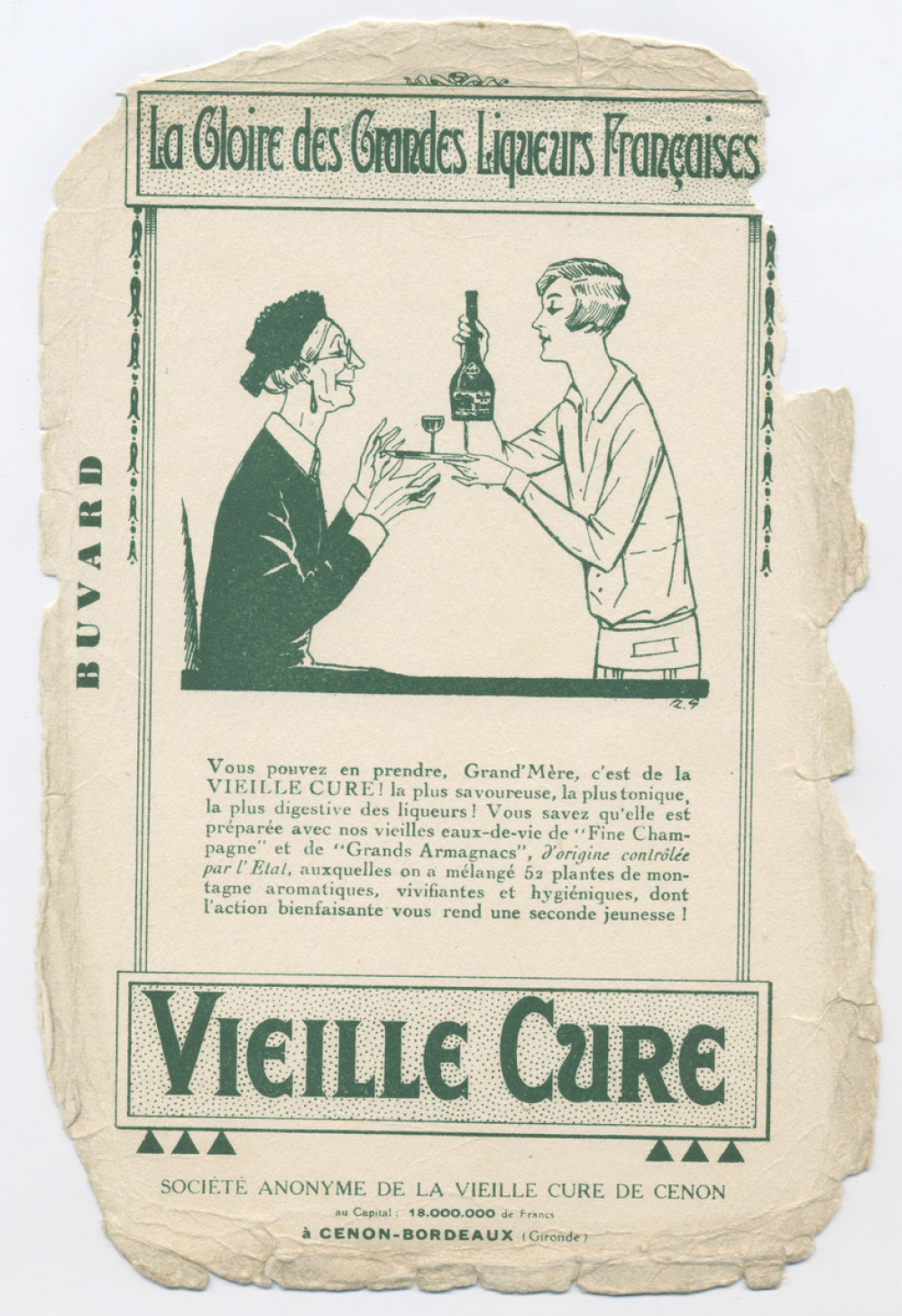 Buvard publicitaire. Vieille Cure. La Gloire des Grandes Liqueurs Françaises. Grand' Mère. 
