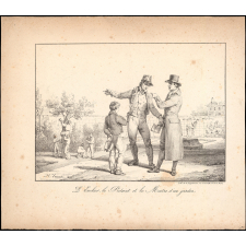 Fable de La Fontaine. . L'Ecolier, le Pédant et le Maitre d'un jardin. Illustration.