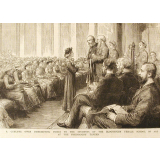 Sir P. Cunliffe Owen distributing prizes to the students of the Bloomsbury female school of Art at the Freemasons' Tavern.