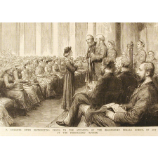 Sir P. Cunliffe Owen distributing prizes to the students of the Bloomsbury female school of Art at the Freemasons' Tavern.