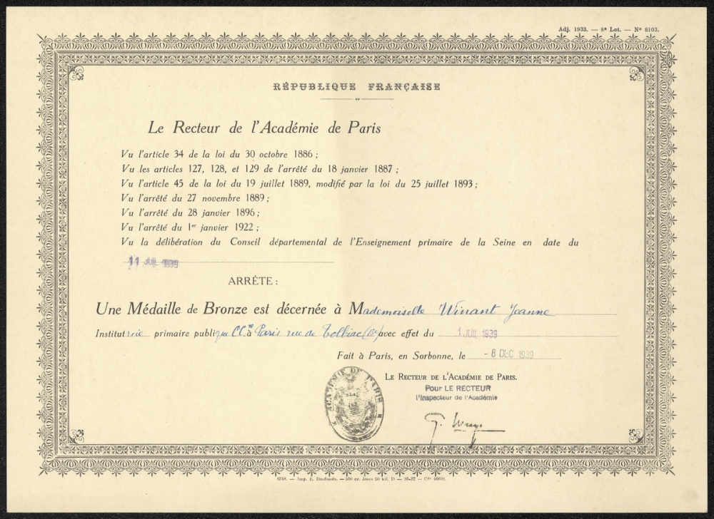 Diplôme de médaille de bronze de l'Enseignement du Premier Degré. 