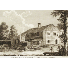 Maison de J. J. Rousseau à Moutiers-Travers. Ce philosophe est sur un banc, proposant des gâteaux à des enfans pour prix de la Course. 