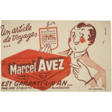 Buvard publicitaire. Un article de voyage Marcel Avez.