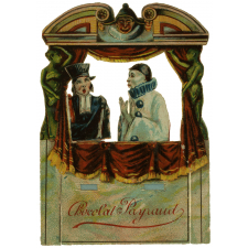 Carte réclame à transformations. Chocolat Payraud. Théâtre de Marionnettes.