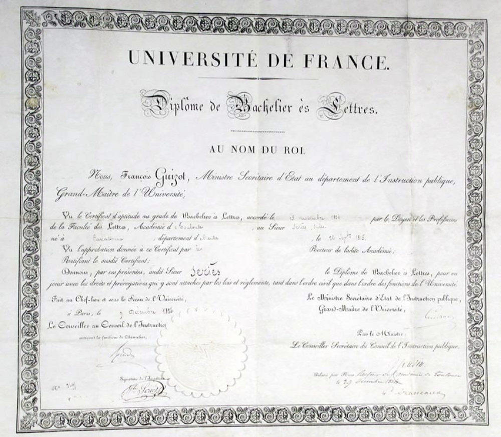 Université de France - Diplôme de Bachelier ès Lettres. Au nom du Roi.