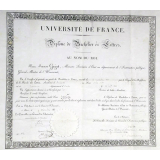 Université de France - Diplôme de Bachelier ès Lettres. Au nom du Roi.