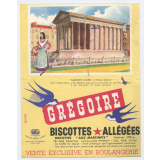 Buvard publicitaire. Biscottes allégées Grégoire. Maison Carrée à Nîmes (Gard).