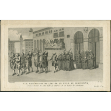 Vue extérieure de l'Hotel de Ville de Perpignan, et des Consuls de cette Ville en marche et en habit de cérémonie.