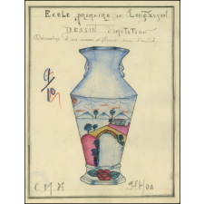 Cochinchine/Dessin d'imitation : décoration d'un vase à fleurs sur l'autel.