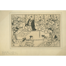 Estampe japonaise. Assemblée de samourai autour d'un seigneur.