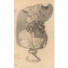 Buste sculpté. Tête coiffée d'un casque phrygien. 