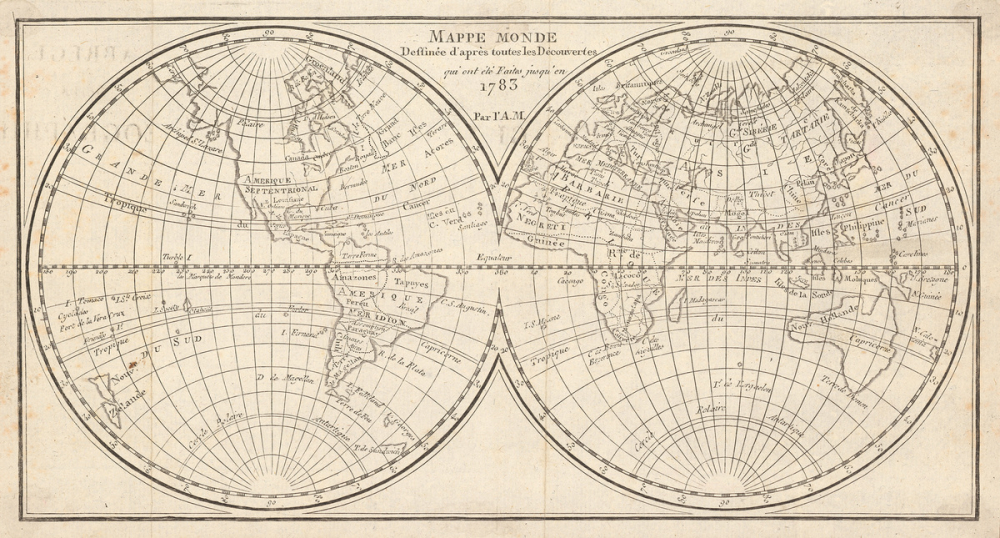 Mappemonde Dessinée d'après toutes les Découvertes qui ont été faites jusqu'en 1783.
