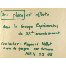 Une Place est offerte dans le Groupe Expérimental du XXe arrondissement.
