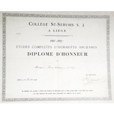 Collège St-Servais S.J. A Liège - 1918-1919. Etudes Complètes d'Humanités Anciennes, Diplôme d'Honneur. 