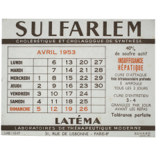 Buvard publicitaire. Sulfarlem. Calendrier d'Avril 1953.
