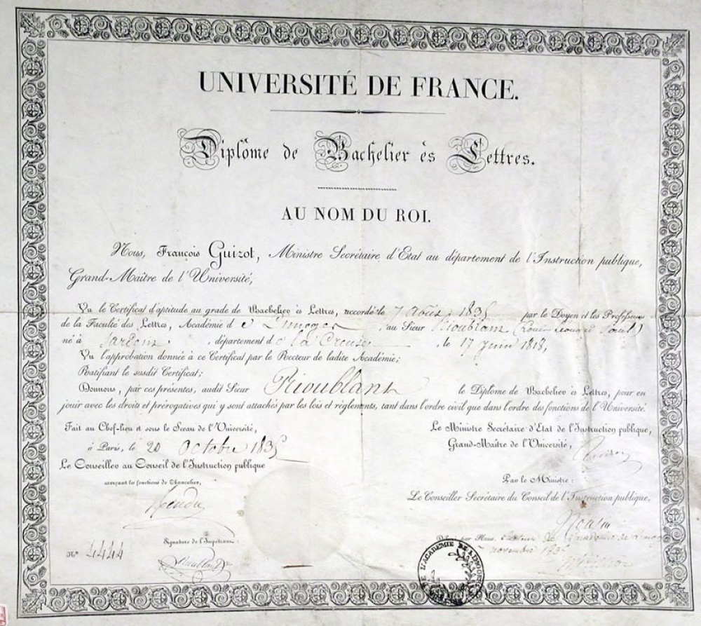 Université de France - Diplôme de Bachelier ès Lettres. Au nom du Roi.