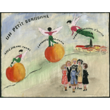 Un Petit bonhomme assis sur une pomme.