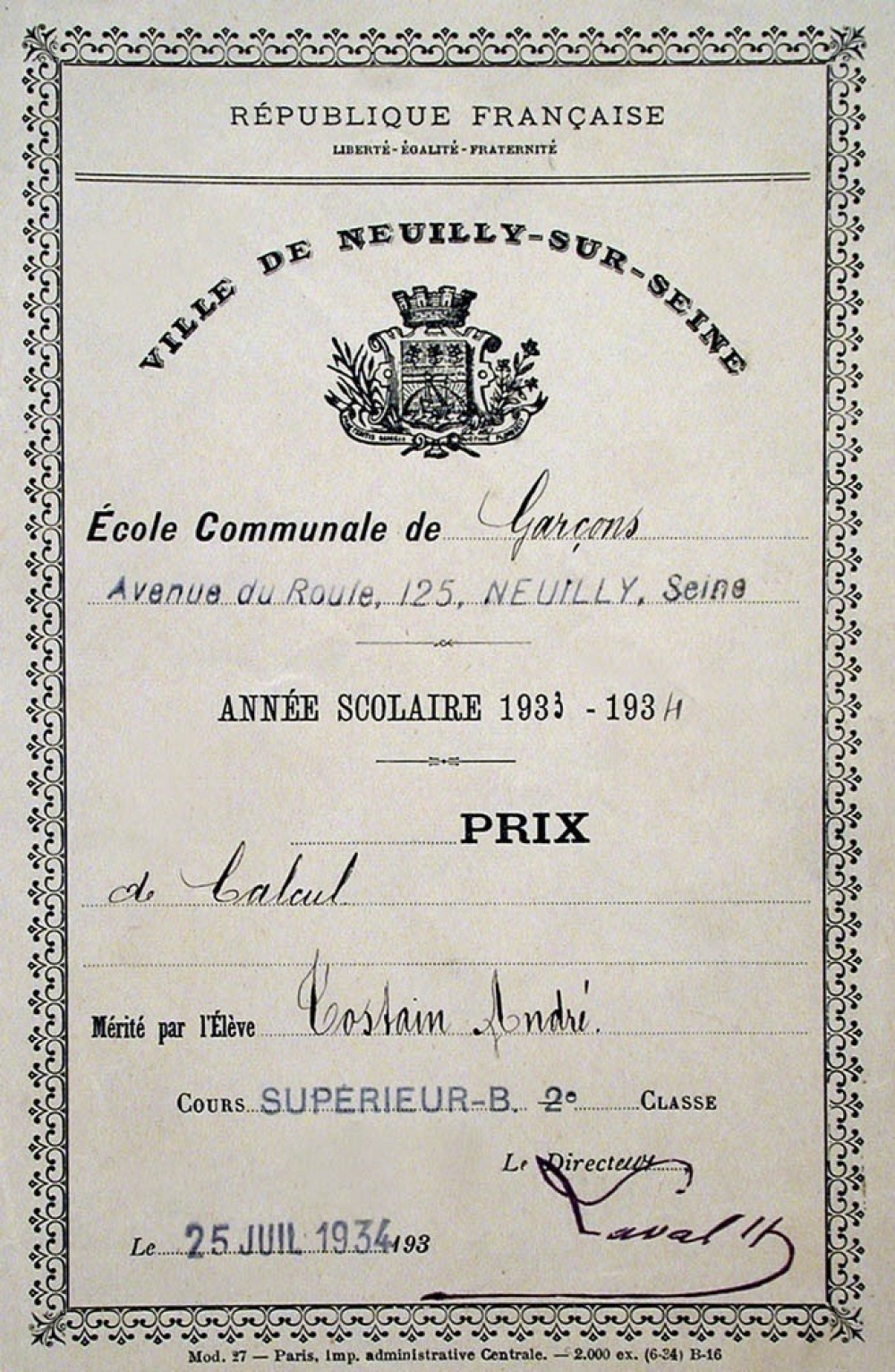 Ex-praemio . Ville de Neuilly-sur-Seine. Ecole communale de garçons Avenue du Roule, 125, Neuilly, Seine.