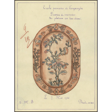 Cochinchine/Dessin de mémoire : un plateau en bois décoré.
