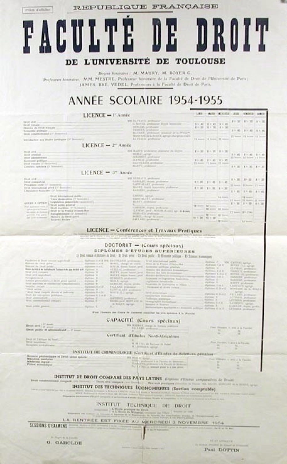 République Française - Faculté de Droit de l'Université de Toulouse. Année scolaire 1954-1955.