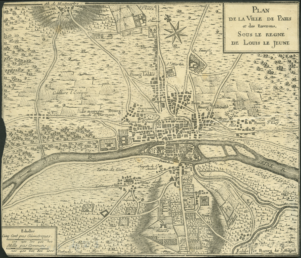 Plan de la ville de Paris et des environs sous le règne de Louis le Jeune.