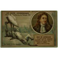 Carte réclame. Aux Quatre Arrondissements. Fable de la Fontaine. Le Loup et la Cigogne.