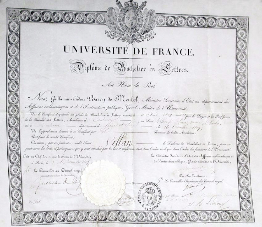 Université de France - Diplôme de Bachelier ès Lettres. Au nom du Roi.