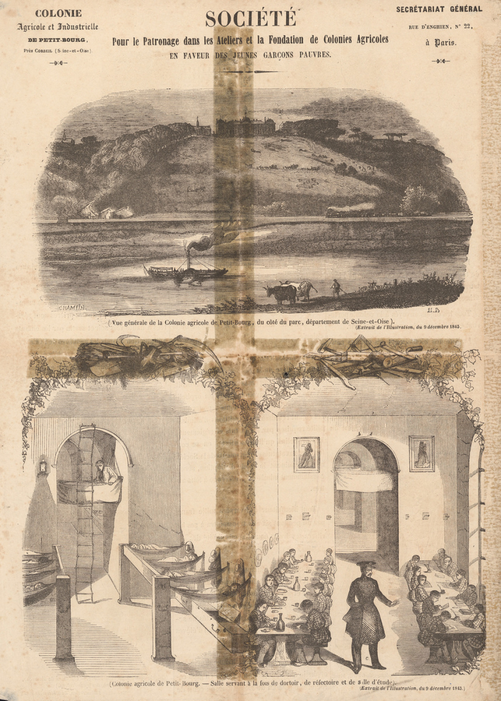 Colonie agricole et industrielle de Petit-Bourg. Société pour le Patronage dans les Ateliers et la Fondation de Colonie agricole en faveur des jeunes garçons pauvres. Vue générale. Salle. Costumes de travail. Costumes de dimanche.