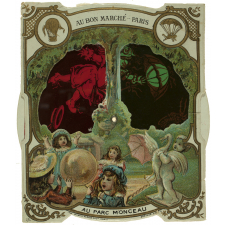 Carte réclame à transformations. Au Bon Marché. Au Parc Monceau.